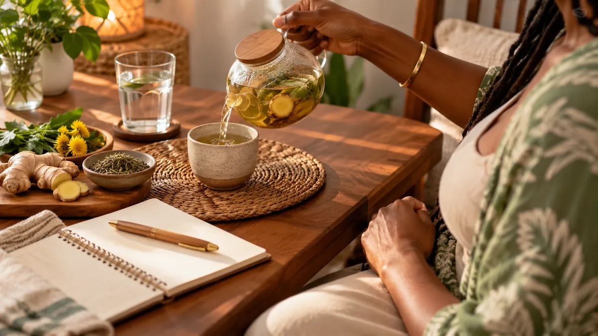 Woman pouring herbal tea from a glass teapot beside fresh ginger, dandelion greens and an open notebook