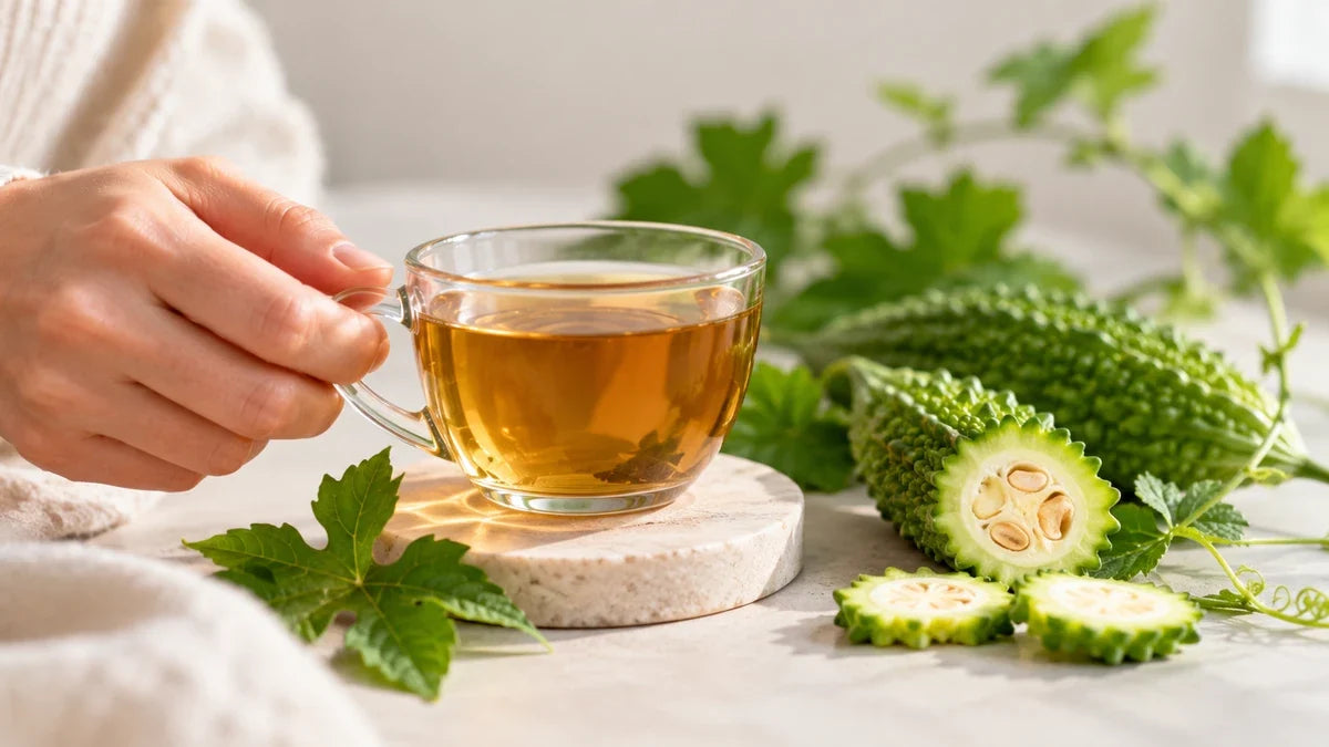 Glass cup of cerasee tea held by one hand, beside green cerasee leaves and bitter melon fruit cut open on a stone tray