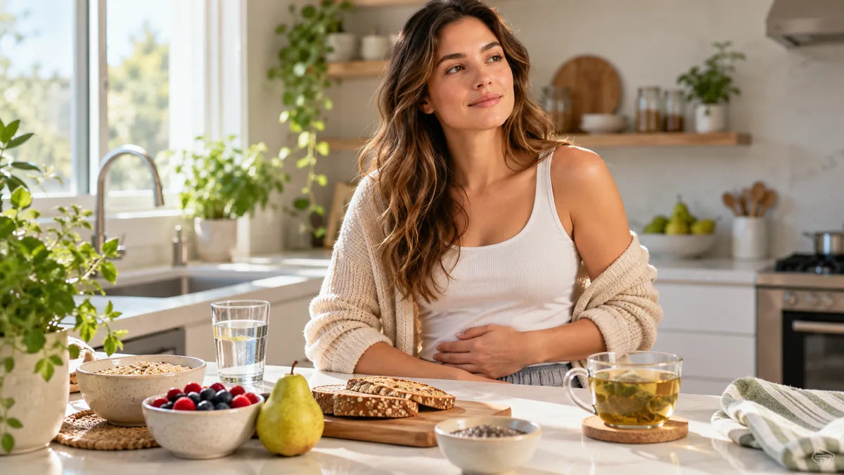 Woman with a hand on her stomach at a kitchen counter with herbal tea, water, a pear, berries, oats and bread