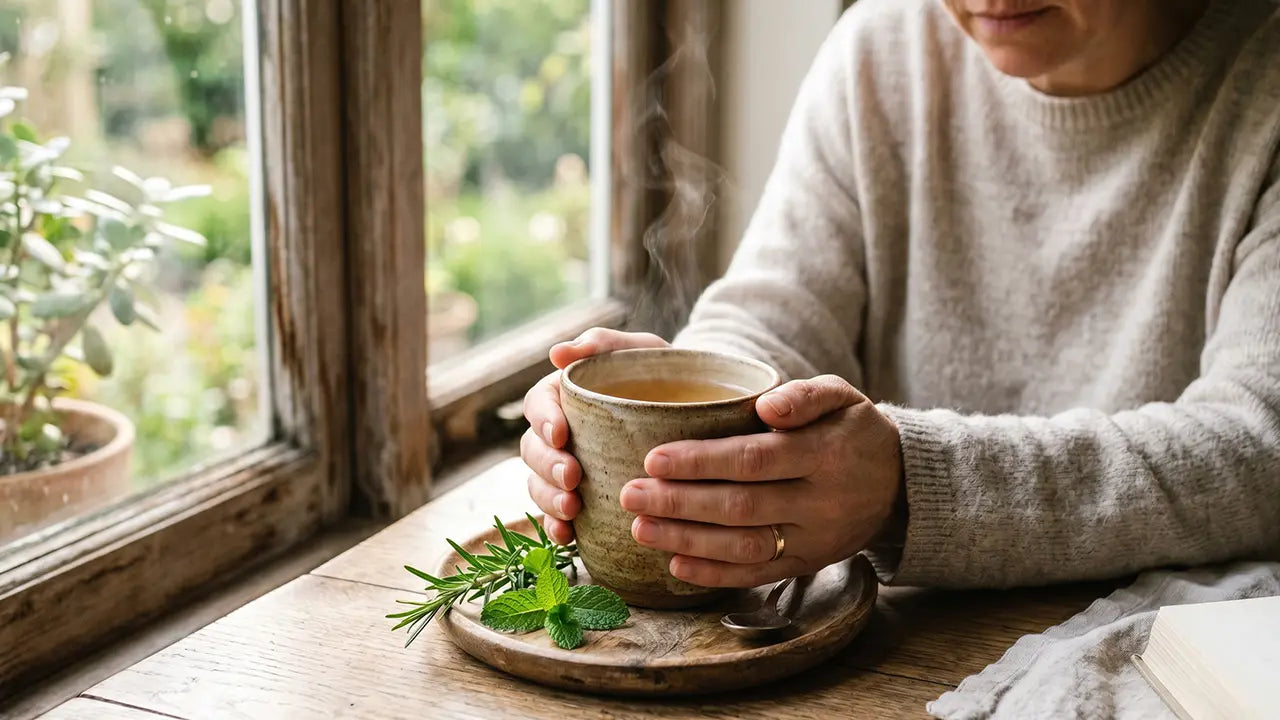 Cup of PCOS herbal tea blend supporting hormone balance naturally