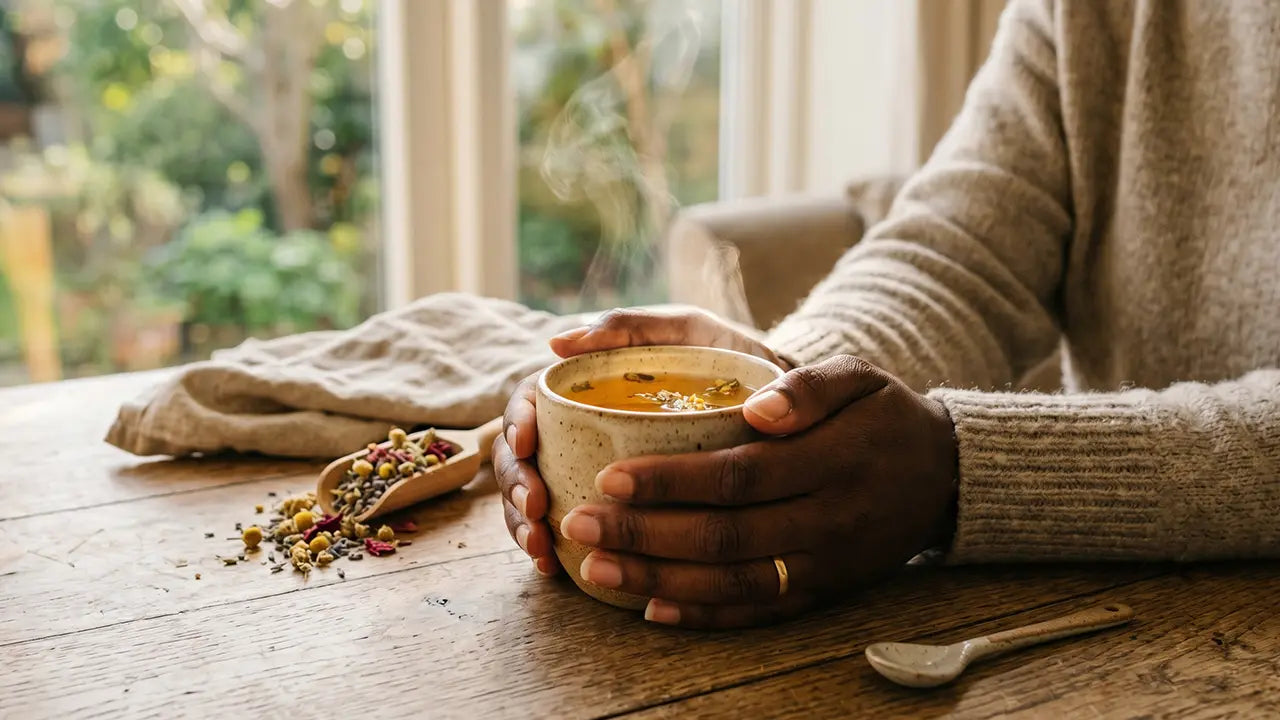 Caribbean herbal womb health tea and dried herbs arranged for daily womb care ritual