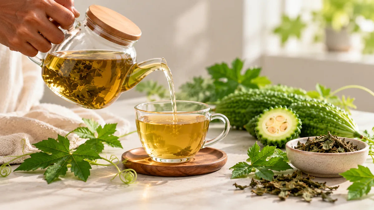 Glass teapot pouring herbal tea into a cup beside bitter melon, dried leaves and green vine leaves