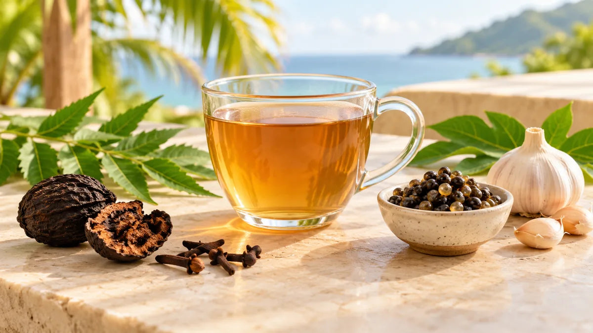Cup of amber herbal tea beside black walnut hulls, whole cloves, a bowl of dark seeds, garlic and green leaves