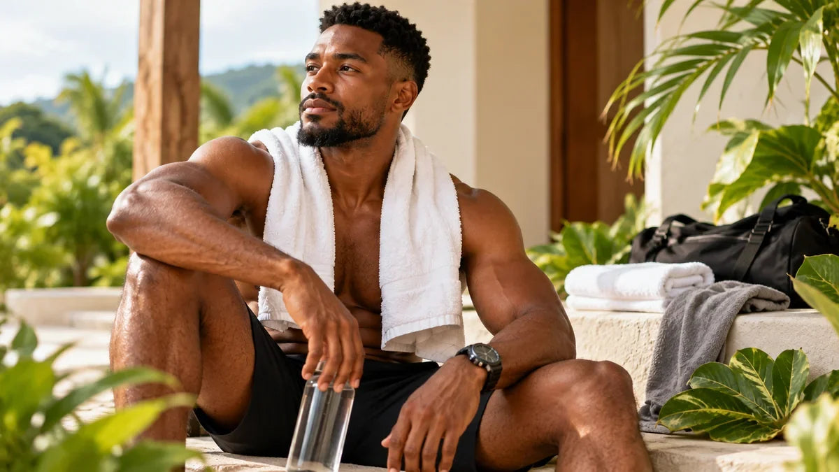 Man resting outdoors after a workout with a white towel around his neck and a water bottle
