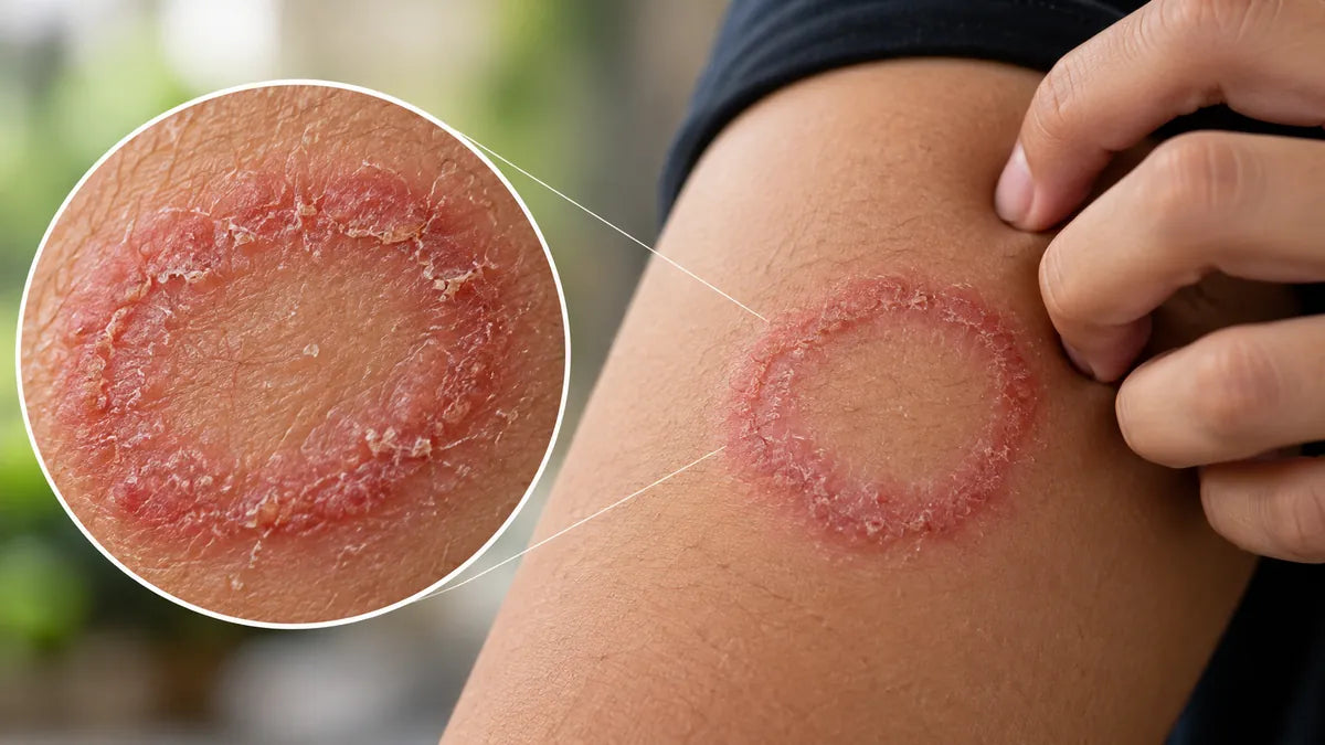 Ring-shaped red scaly rash on an arm with a magnified circle showing the scaly edge